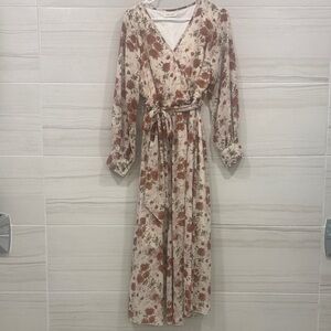 Indigo Soul Floral Long Sleeve Dress in Cream and Brown